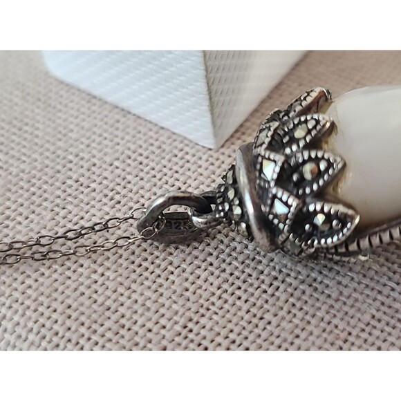 925 Sterling Silver Marcasite Double-Sided MOP & Black Onyx Pendant Necklace - Picture 7 of 10